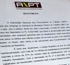ANPT critica aprovação de projeto que libera terceirização nas empresas e pede seu veto